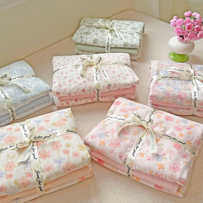 91家纺网 家纺一手货源 找家纺 小懒猪 2025新款全棉有氧有氧双层纱清新印花四件套 玫瑰花语