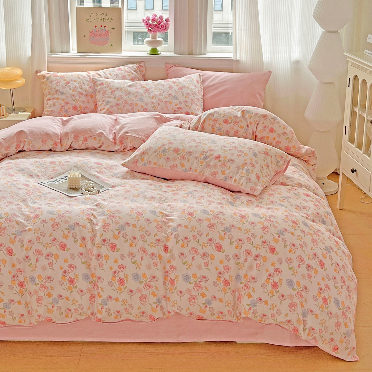 91家纺网 家纺一手货源 找家纺 小懒猪 2025新款全棉有氧有氧双层纱清新印花四件套 玫瑰花语