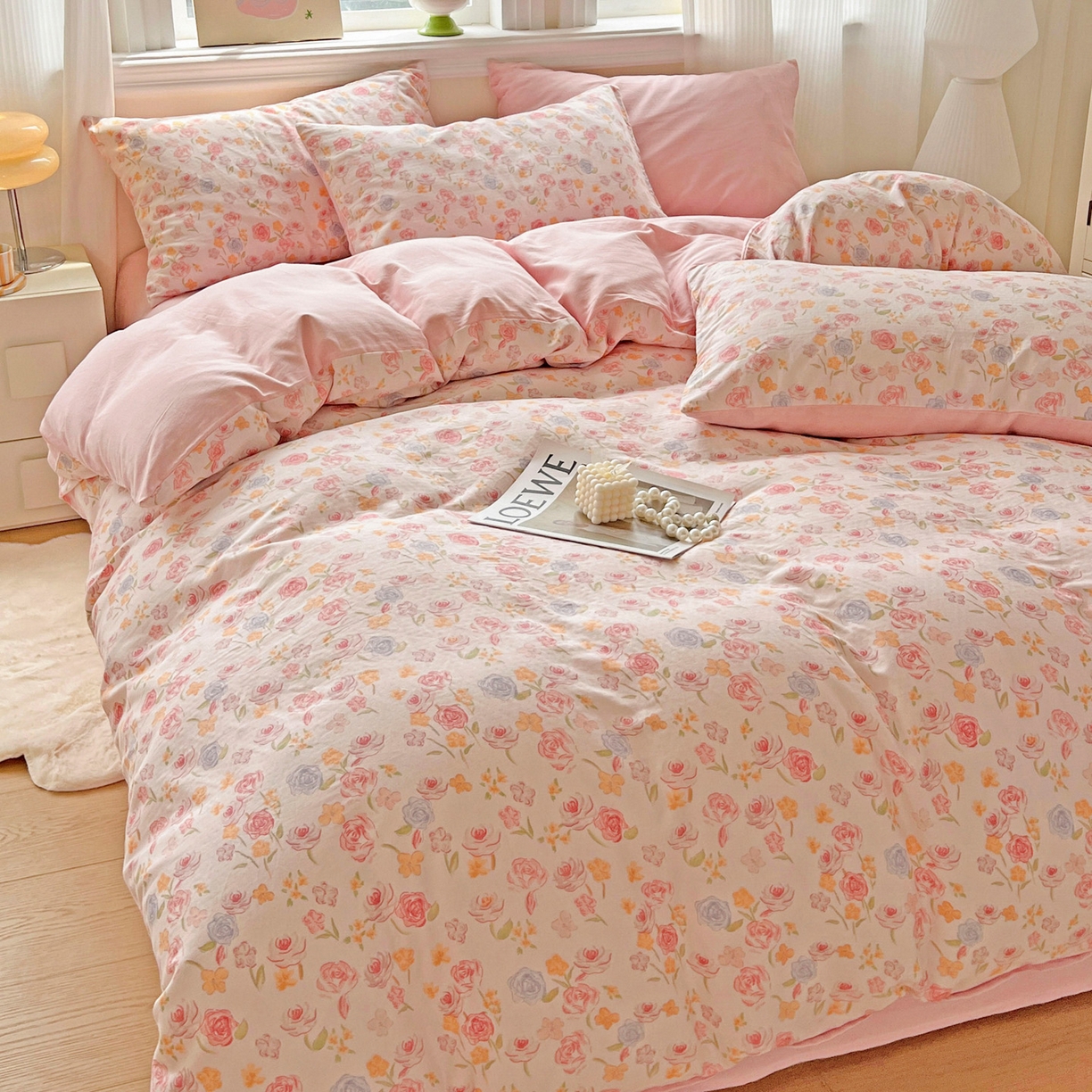 91家纺网 家纺一手货源 找家纺 小懒猪 2025新款全棉有氧有氧双层纱清新印花四件套 玫瑰花语