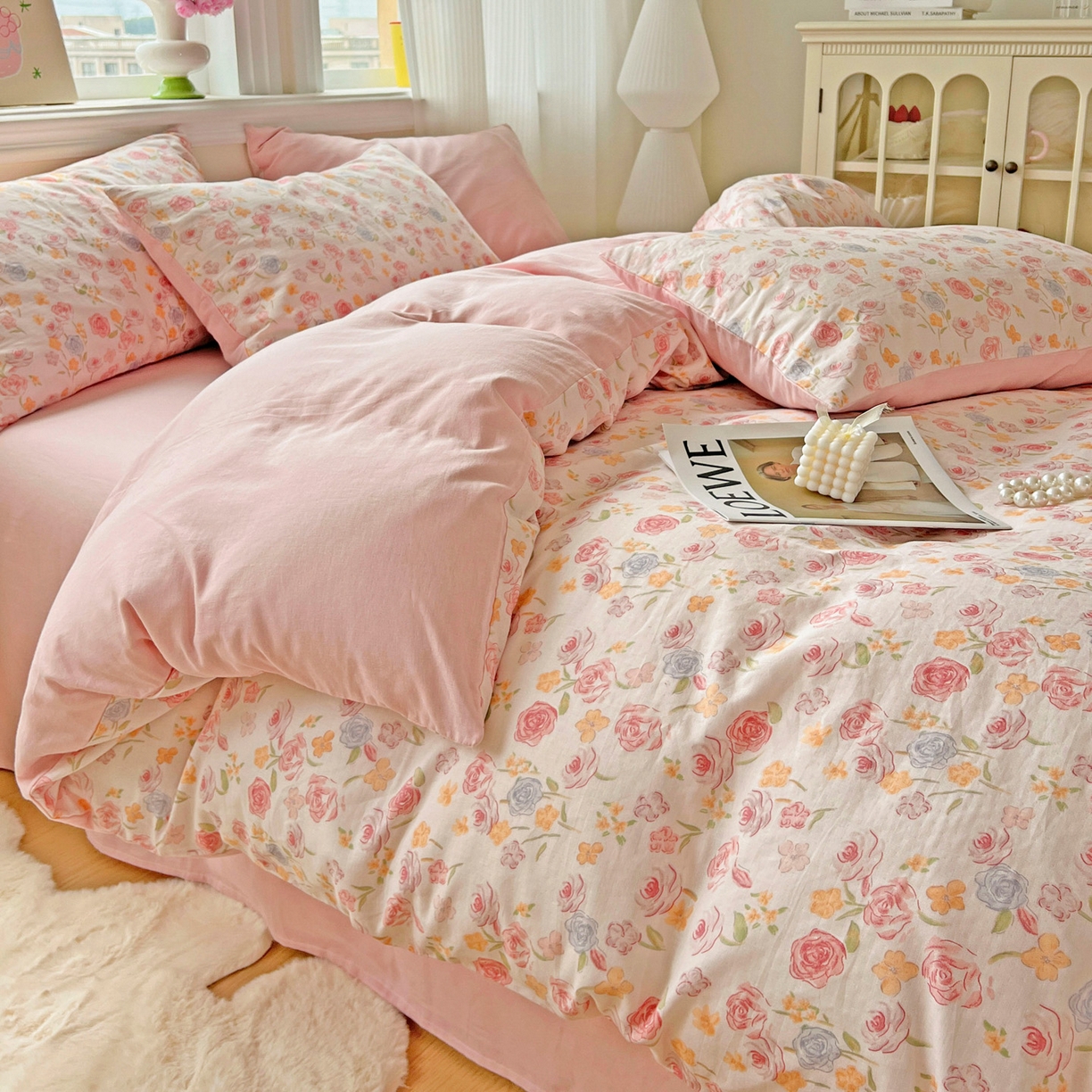 91家纺网 家纺一手货源 找家纺 小懒猪 2025新款全棉有氧有氧双层纱清新印花四件套 玫瑰花语