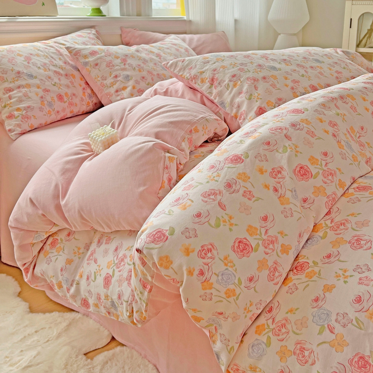 91家纺网 家纺一手货源 找家纺 小懒猪 2025新款全棉有氧有氧双层纱清新印花四件套 玫瑰花语