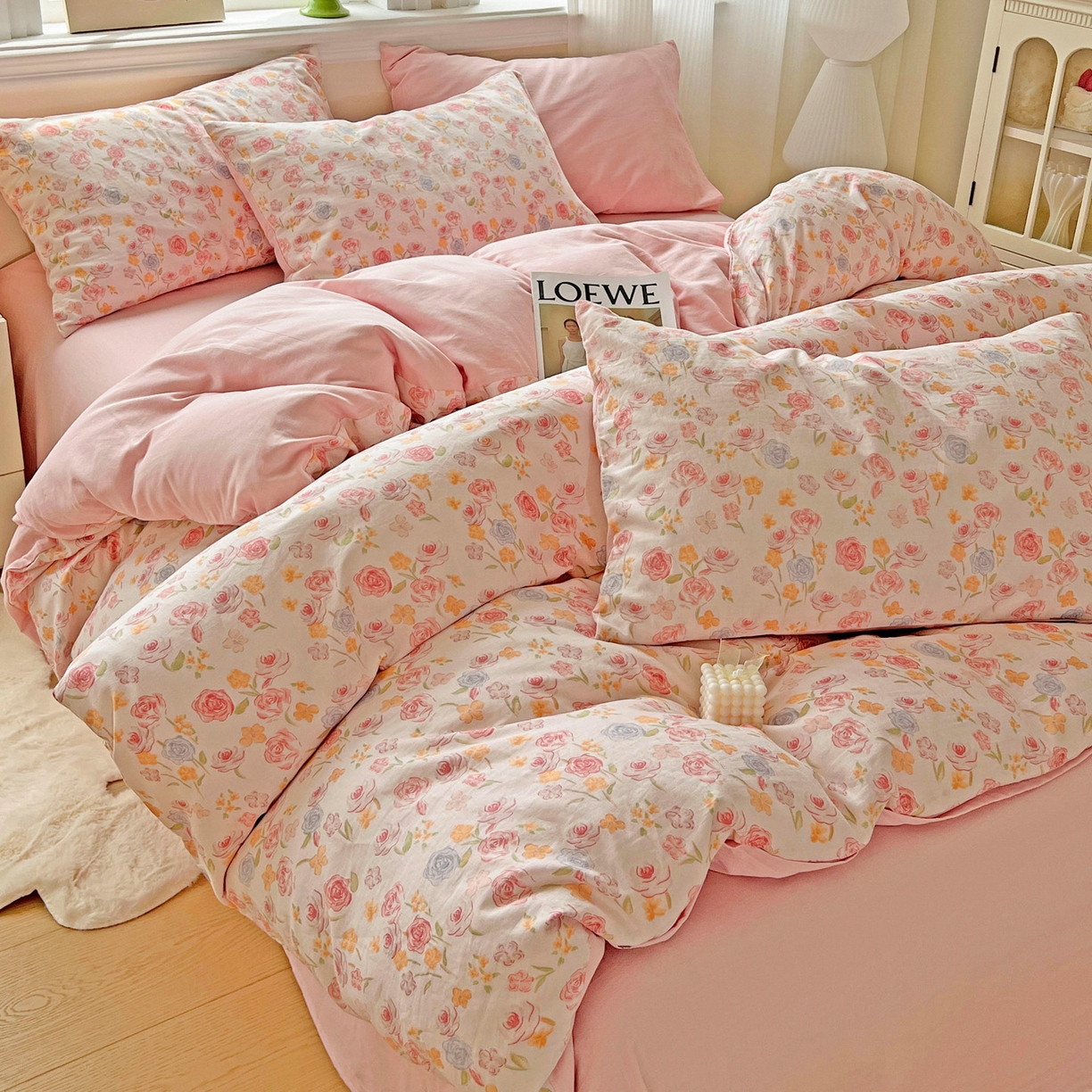 91家纺网 家纺一手货源 找家纺 小懒猪 2025新款全棉有氧有氧双层纱清新印花四件套 玫瑰花语