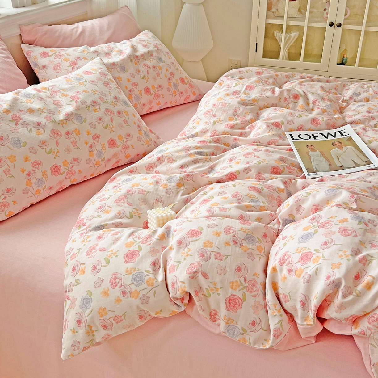 91家纺网 家纺一手货源 找家纺 小懒猪 2025新款全棉有氧有氧双层纱清新印花四件套 玫瑰花语