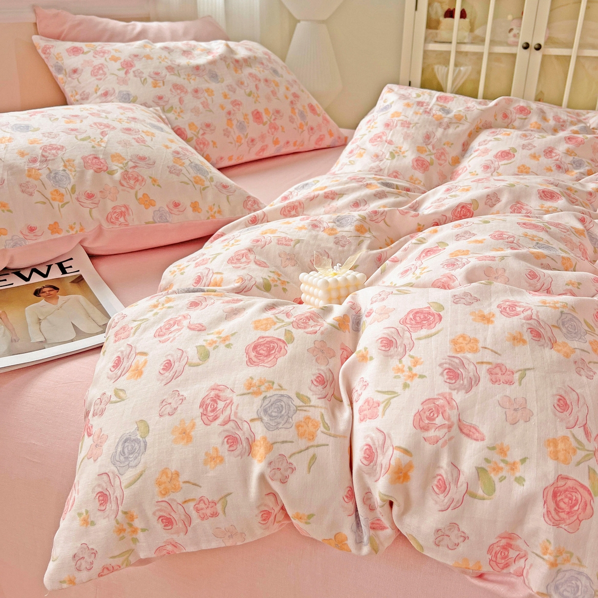 91家纺网 家纺一手货源 找家纺 小懒猪 2025新款全棉有氧有氧双层纱清新印花四件套 玫瑰花语