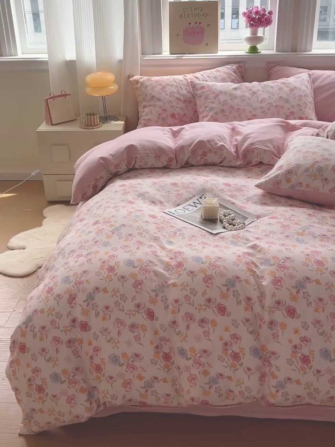 91家纺网 家纺一手货源 找家纺 小懒猪 2025新款全棉有氧有氧双层纱清新印花四件套 玫瑰花语