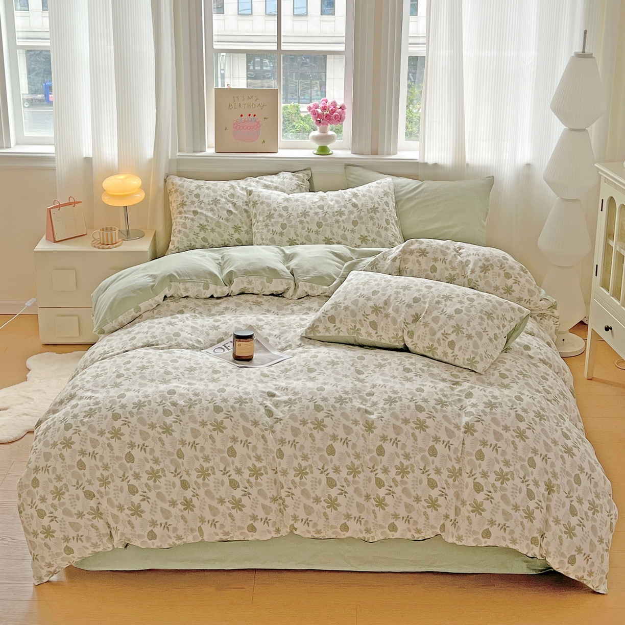 小懒猪 2025新款全棉有氧有氧双层纱清新印花四件套 青枝绿叶