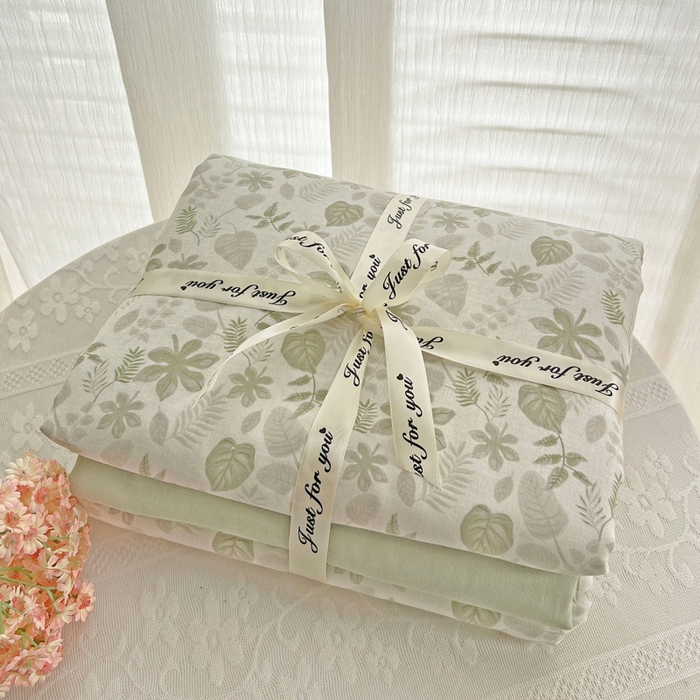 91家纺网 家纺一手货源 找家纺 小懒猪 2025新款全棉有氧有氧双层纱清新印花四件套 青枝绿叶