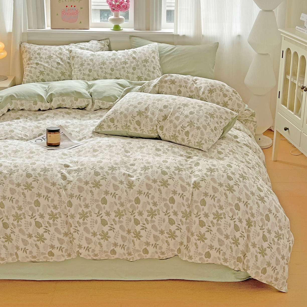 91家纺网 家纺一手货源 找家纺 小懒猪 2025新款全棉有氧有氧双层纱清新印花四件套 青枝绿叶