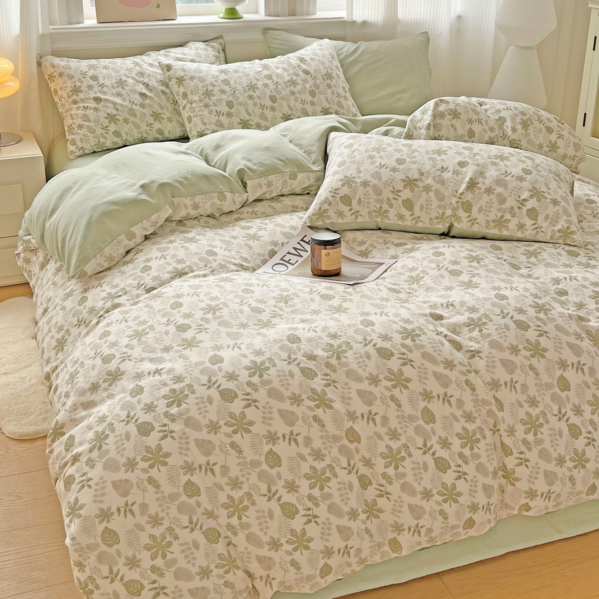 91家纺网 家纺一手货源 找家纺 小懒猪 2025新款全棉有氧有氧双层纱清新印花四件套 青枝绿叶