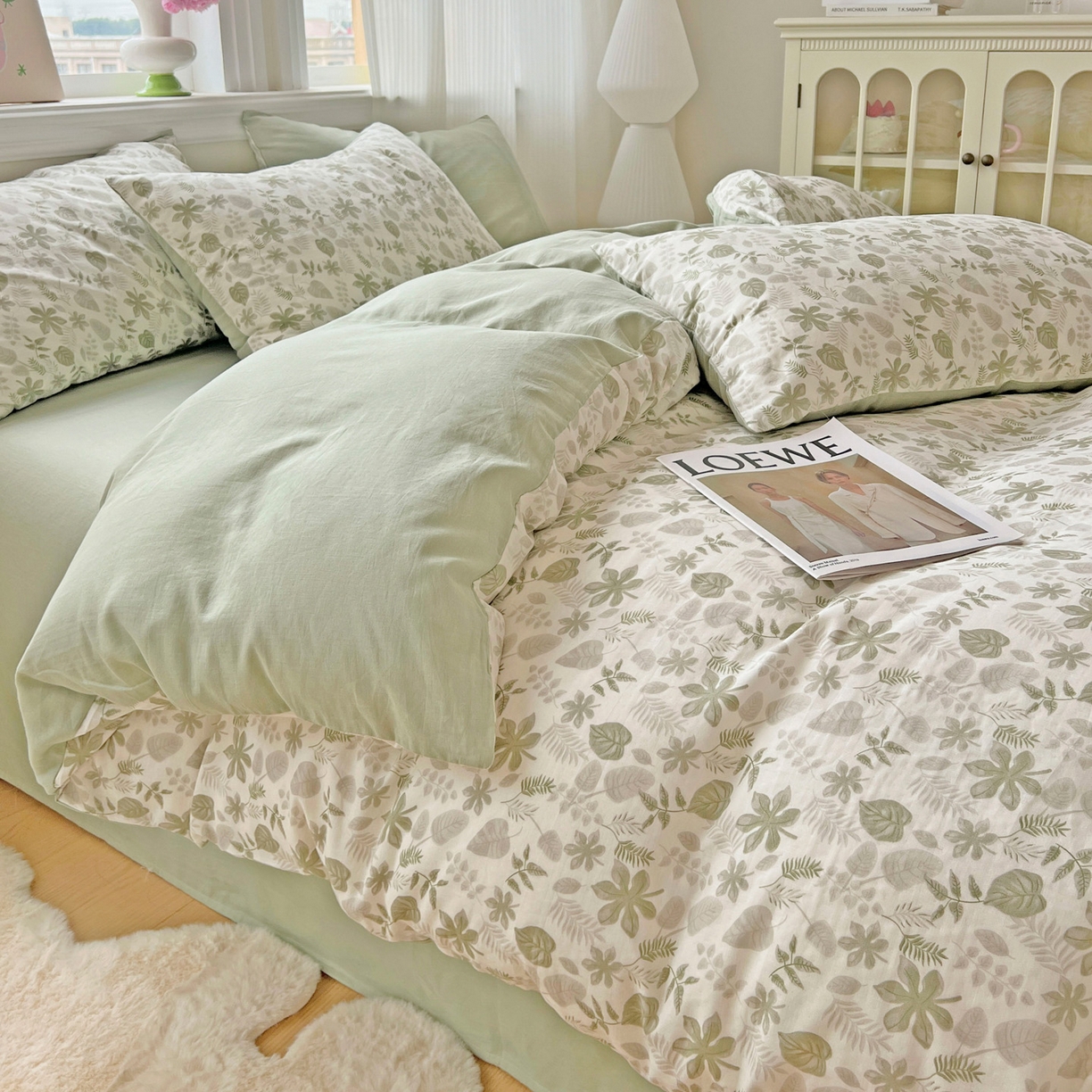 91家纺网 家纺一手货源 找家纺 小懒猪 2025新款全棉有氧有氧双层纱清新印花四件套 青枝绿叶