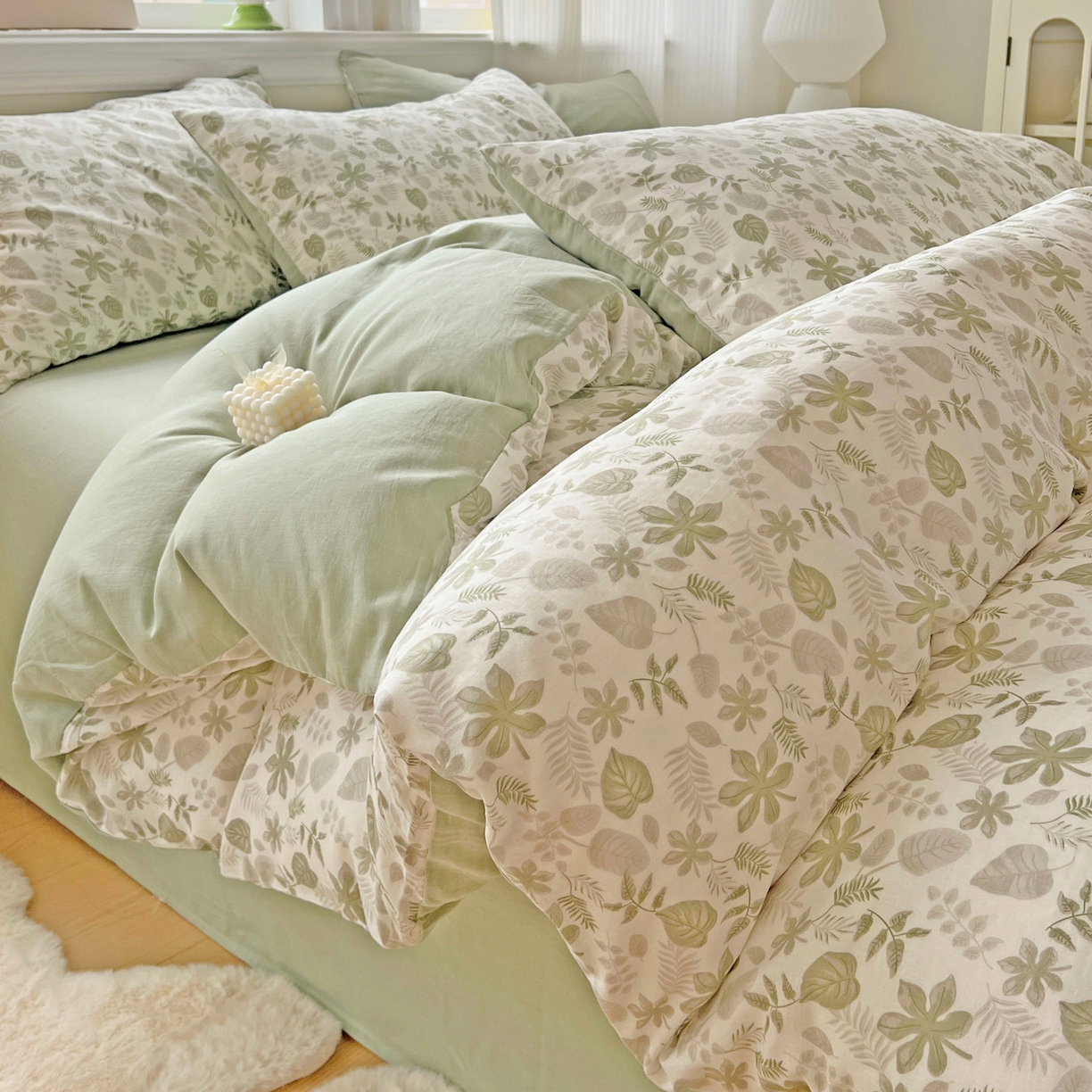 91家纺网 家纺一手货源 找家纺 小懒猪 2025新款全棉有氧有氧双层纱清新印花四件套 青枝绿叶