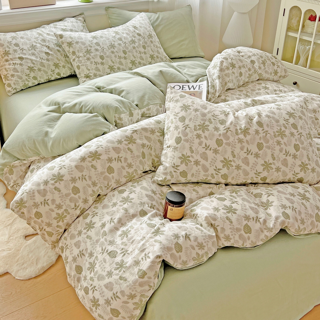 91家纺网 家纺一手货源 找家纺 小懒猪 2025新款全棉有氧有氧双层纱清新印花四件套 青枝绿叶