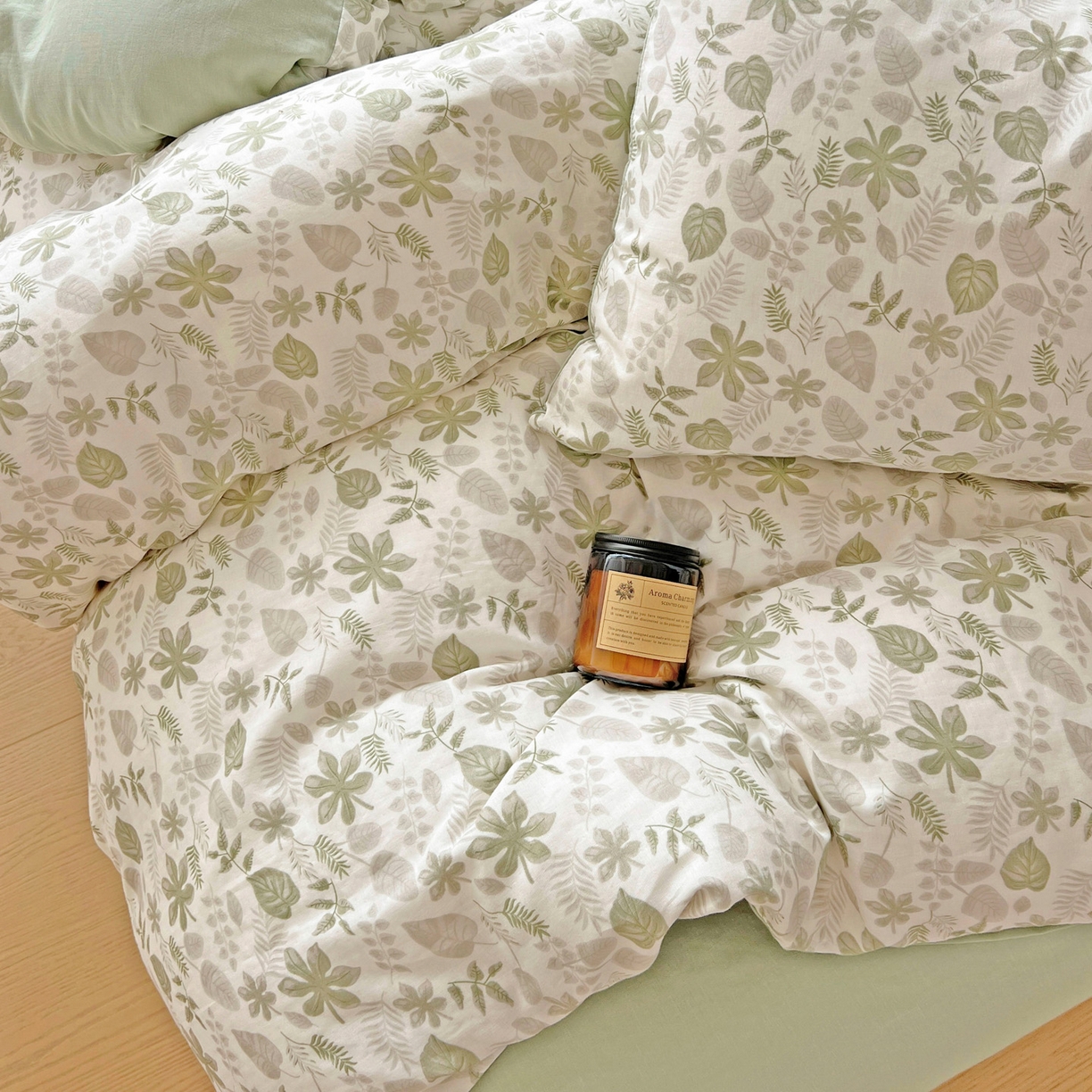 91家纺网 家纺一手货源 找家纺 小懒猪 2025新款全棉有氧有氧双层纱清新印花四件套 青枝绿叶