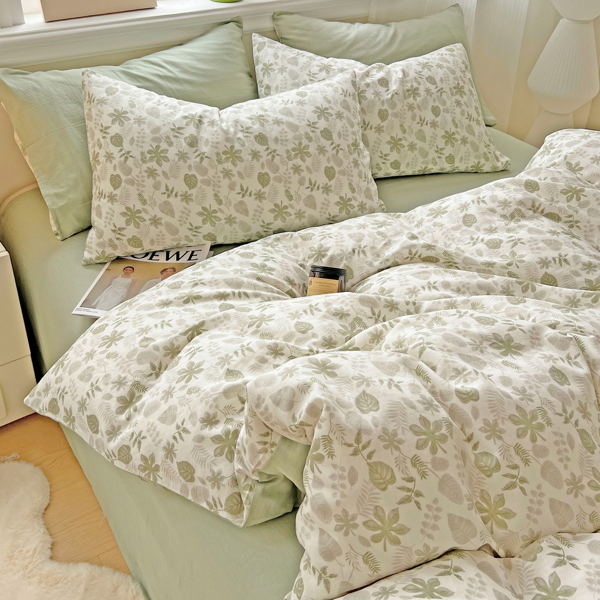 91家纺网 家纺一手货源 找家纺 小懒猪 2025新款全棉有氧有氧双层纱清新印花四件套 青枝绿叶