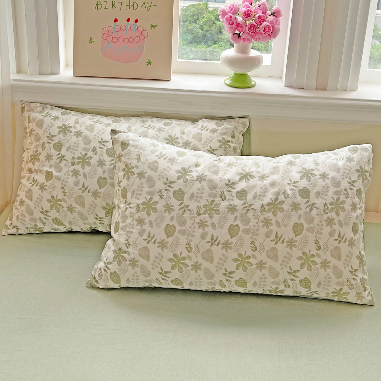 91家纺网 家纺一手货源 找家纺 小懒猪 2025新款全棉有氧有氧双层纱清新印花四件套 青枝绿叶