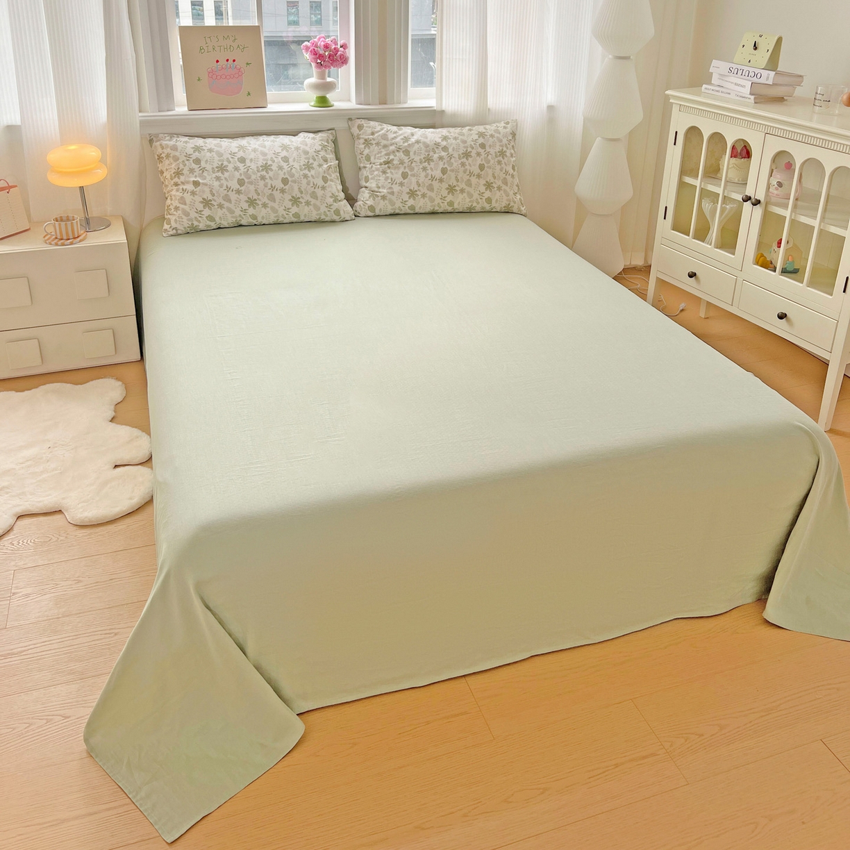 91家纺网 家纺一手货源 找家纺 小懒猪 2025新款全棉有氧有氧双层纱清新印花四件套 青枝绿叶