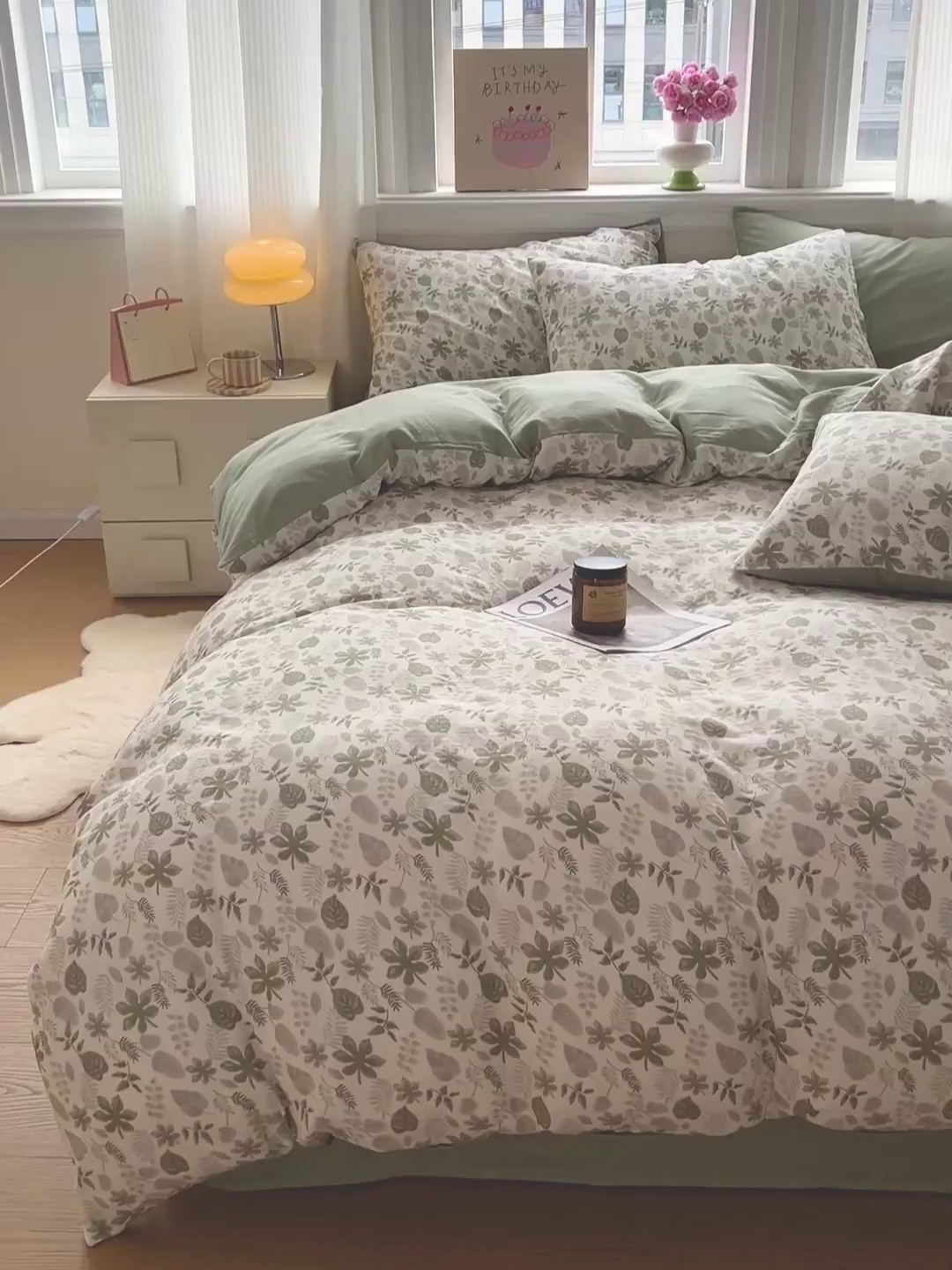 91家纺网 家纺一手货源 找家纺 小懒猪 2025新款全棉有氧有氧双层纱清新印花四件套 青枝绿叶