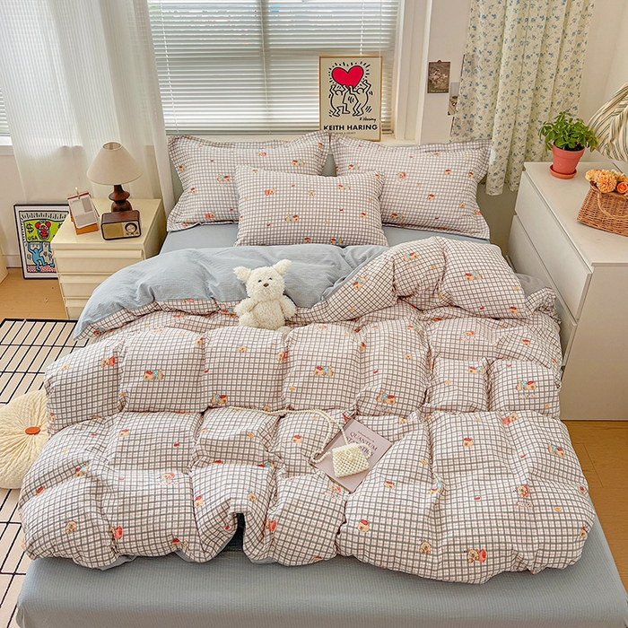 91家纺网 家纺一手货源 找家纺 梦纤绒 2025新款古法水洗棉小布袋四件套，高克重木棉云柔棉 啵啵熊