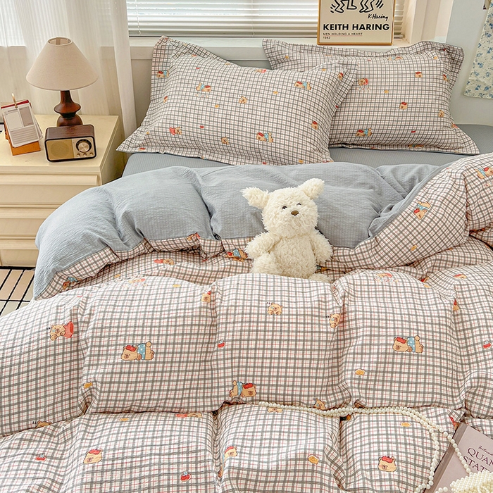 91家纺网 家纺一手货源 找家纺 梦纤绒 2025新款古法水洗棉小布袋四件套，高克重木棉云柔棉 啵啵熊