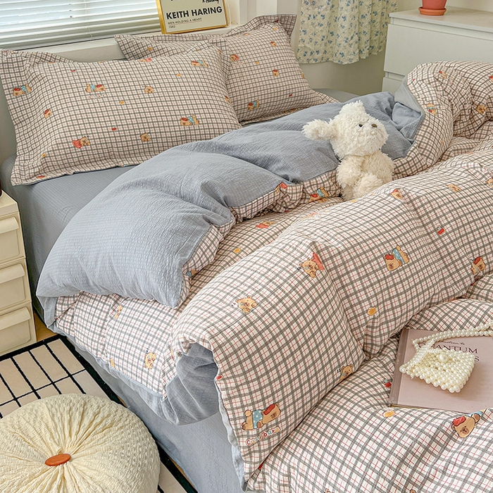 91家纺网 家纺一手货源 找家纺 梦纤绒 2025新款古法水洗棉小布袋四件套，高克重木棉云柔棉 啵啵熊