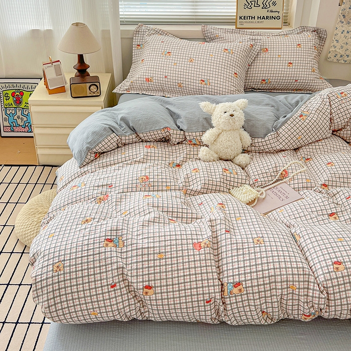 91家纺网 家纺一手货源 找家纺 梦纤绒 2025新款古法水洗棉小布袋四件套，高克重木棉云柔棉 啵啵熊