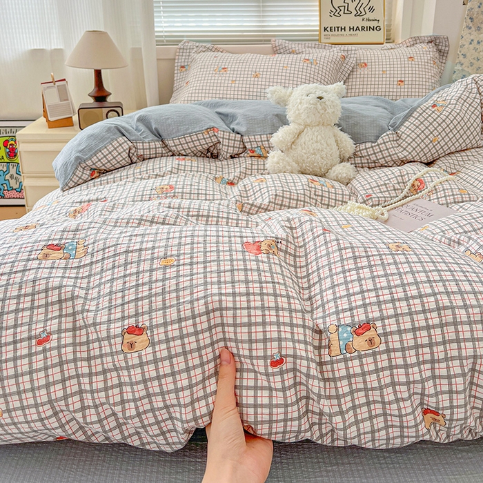 91家纺网 家纺一手货源 找家纺 梦纤绒 2025新款古法水洗棉小布袋四件套，高克重木棉云柔棉 啵啵熊