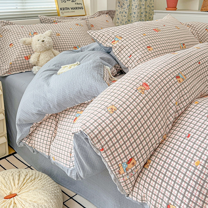 91家纺网 家纺一手货源 找家纺 梦纤绒 2025新款古法水洗棉小布袋四件套，高克重木棉云柔棉 啵啵熊