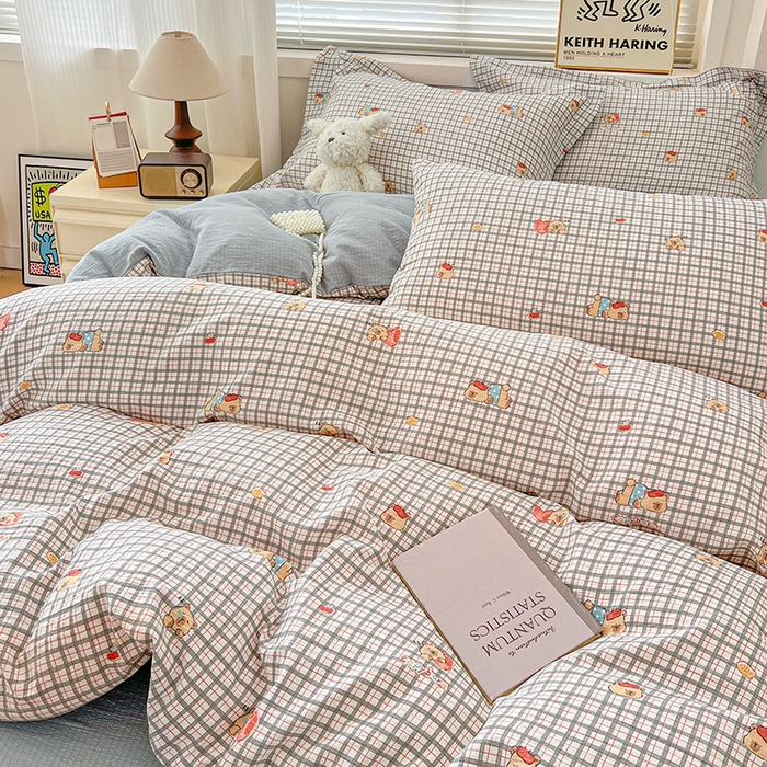 91家纺网 家纺一手货源 找家纺 梦纤绒 2025新款古法水洗棉小布袋四件套，高克重木棉云柔棉 啵啵熊