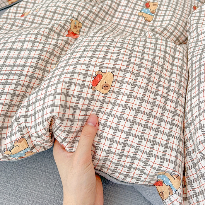 91家纺网 家纺一手货源 找家纺 梦纤绒 2025新款古法水洗棉小布袋四件套，高克重木棉云柔棉 啵啵熊