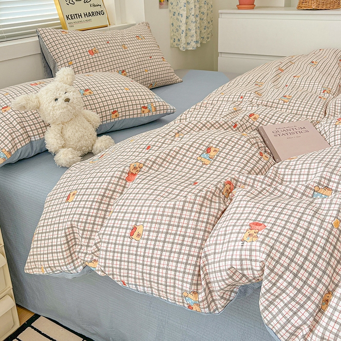 91家纺网 家纺一手货源 找家纺 梦纤绒 2025新款古法水洗棉小布袋四件套，高克重木棉云柔棉 啵啵熊