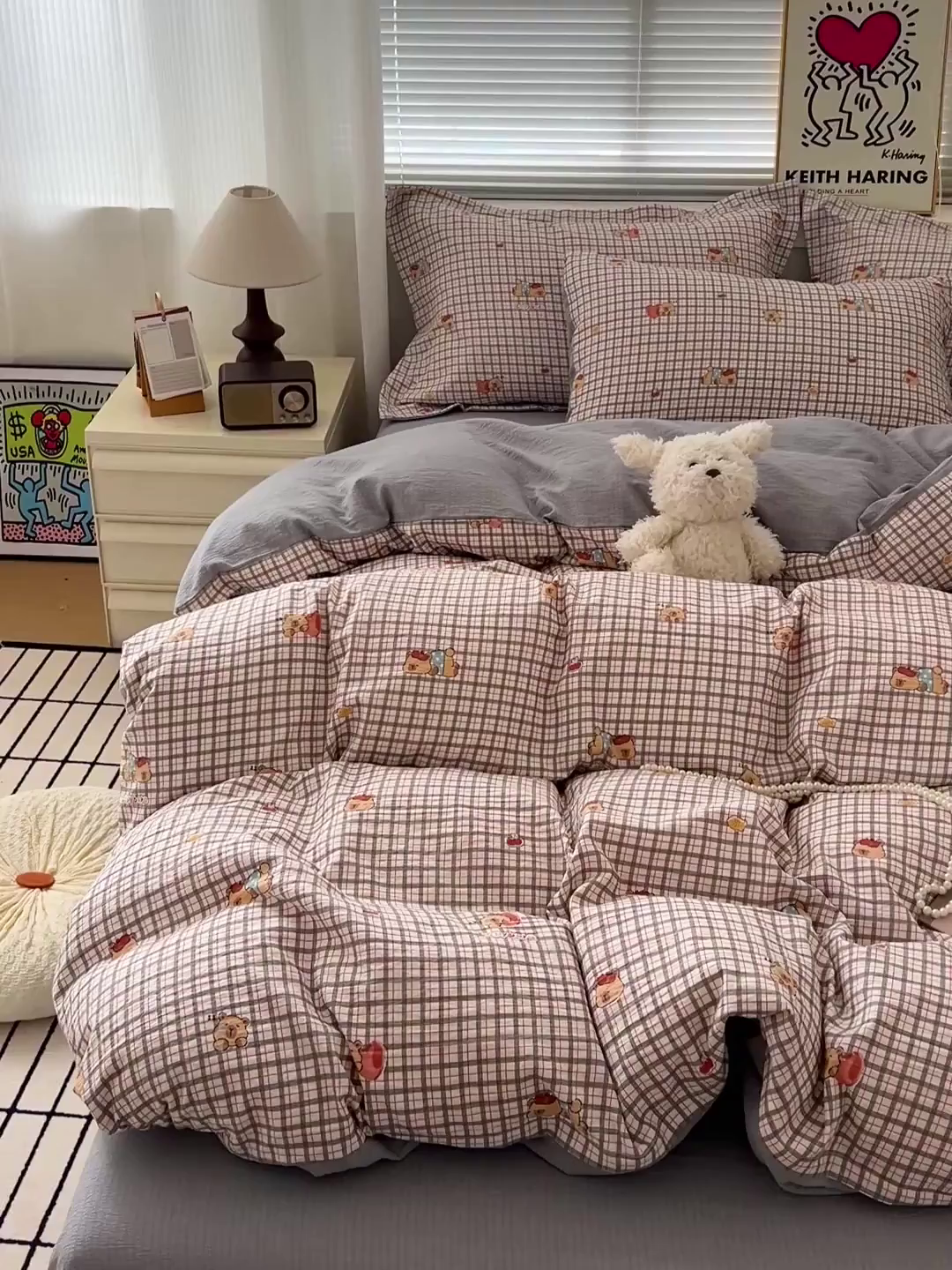 91家纺网 家纺一手货源 找家纺 梦纤绒 2025新款古法水洗棉小布袋四件套，高克重木棉云柔棉 啵啵熊