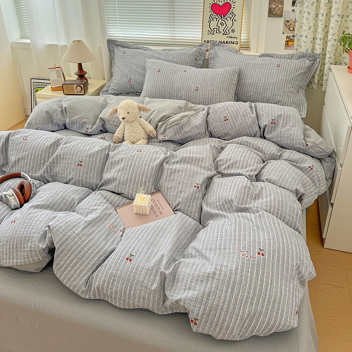 91家纺网 家纺一手货源 找家纺 梦纤绒 2025新款古法水洗棉小布袋四件套，高克重木棉云柔棉 红樱桃