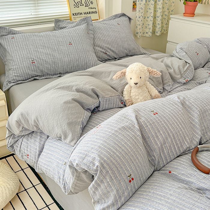 91家纺网 家纺一手货源 找家纺 梦纤绒 2025新款古法水洗棉小布袋四件套，高克重木棉云柔棉 红樱桃