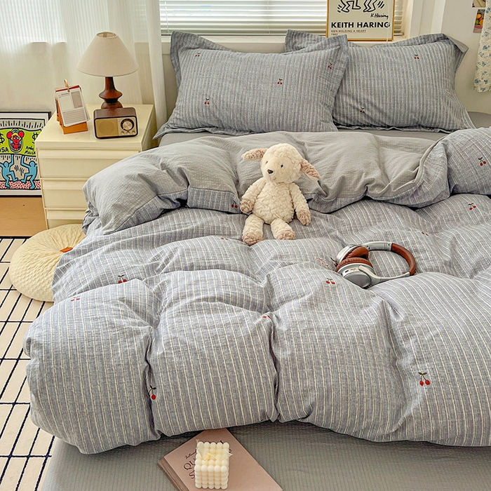 91家纺网 家纺一手货源 找家纺 梦纤绒 2025新款古法水洗棉小布袋四件套，高克重木棉云柔棉 红樱桃