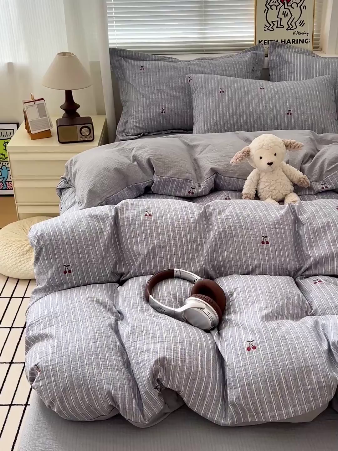 91家纺网 家纺一手货源 找家纺 梦纤绒 2025新款古法水洗棉小布袋四件套，高克重木棉云柔棉 红樱桃