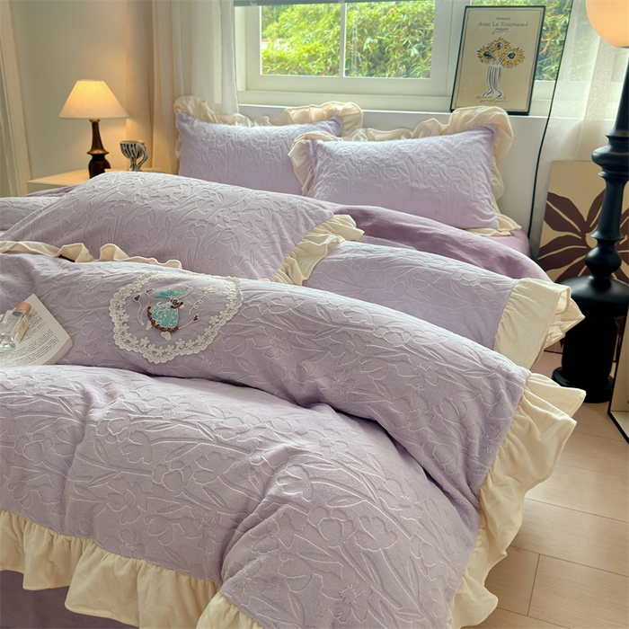 兰紫橙家纺 2025新款韩式花边款剪花提花牛奶绒四件套 花边款-一路生花-紫