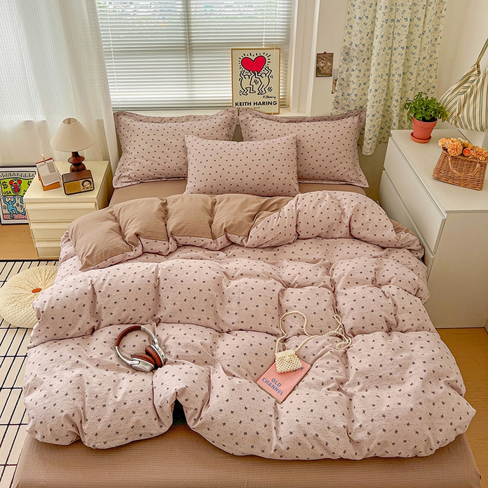 91家纺网 家纺一手货源 找家纺 梦纤绒 2025新款古法水洗棉小布袋四件套，高克重木棉云柔棉 蝴蝶结点点