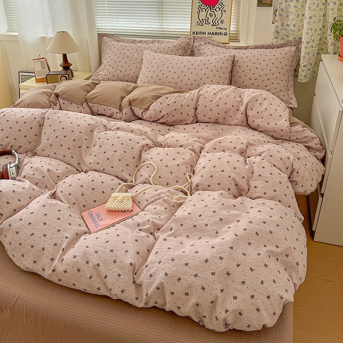 91家纺网 家纺一手货源 找家纺 梦纤绒 2025新款古法水洗棉小布袋四件套，高克重木棉云柔棉 蝴蝶结点点