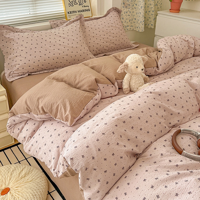 91家纺网 家纺一手货源 找家纺 梦纤绒 2025新款古法水洗棉小布袋四件套，高克重木棉云柔棉 蝴蝶结点点