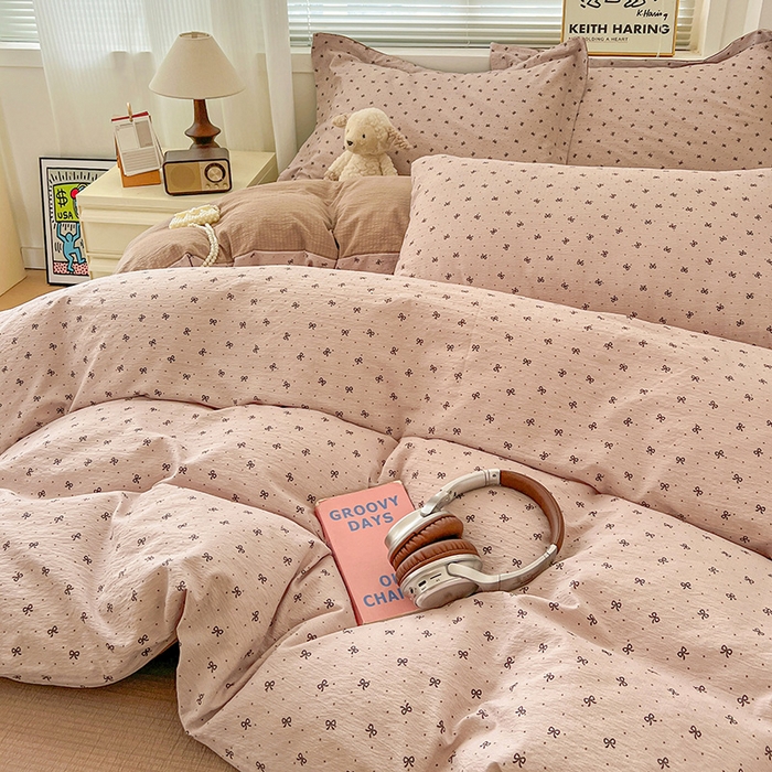 91家纺网 家纺一手货源 找家纺 梦纤绒 2025新款古法水洗棉小布袋四件套，高克重木棉云柔棉 蝴蝶结点点