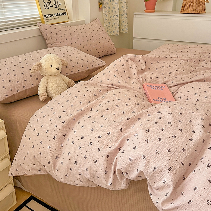 91家纺网 家纺一手货源 找家纺 梦纤绒 2025新款古法水洗棉小布袋四件套，高克重木棉云柔棉 蝴蝶结点点