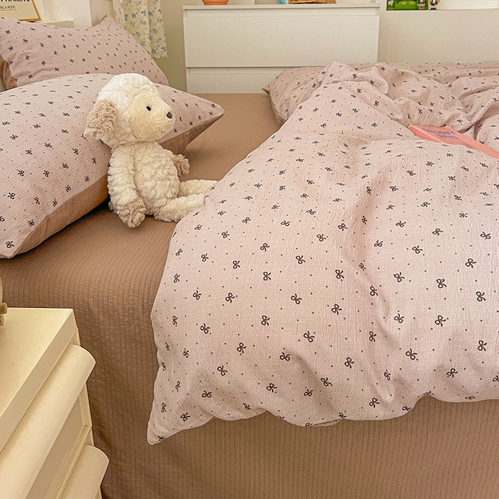 91家纺网 家纺一手货源 找家纺 梦纤绒 2025新款古法水洗棉小布袋四件套，高克重木棉云柔棉 蝴蝶结点点