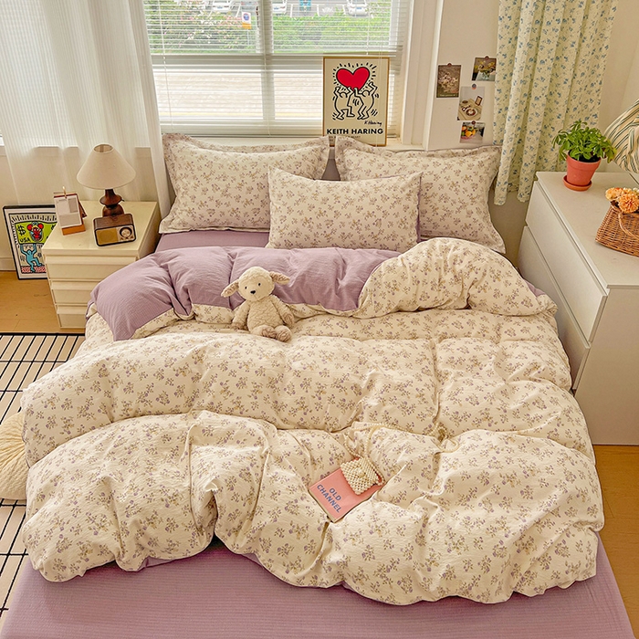 91家纺网 家纺一手货源 找家纺 梦纤绒 2025新款古法水洗棉小布袋四件套，高克重木棉云柔棉 花间赋