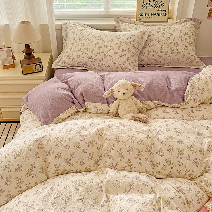 91家纺网 家纺一手货源 找家纺 梦纤绒 2025新款古法水洗棉小布袋四件套，高克重木棉云柔棉 花间赋