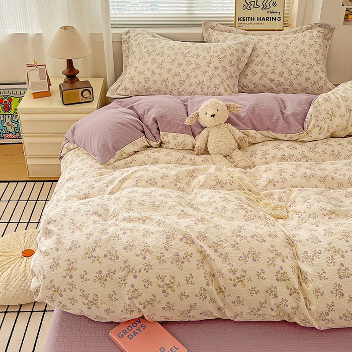 91家纺网 家纺一手货源 找家纺 梦纤绒 2025新款古法水洗棉小布袋四件套，高克重木棉云柔棉 花间赋