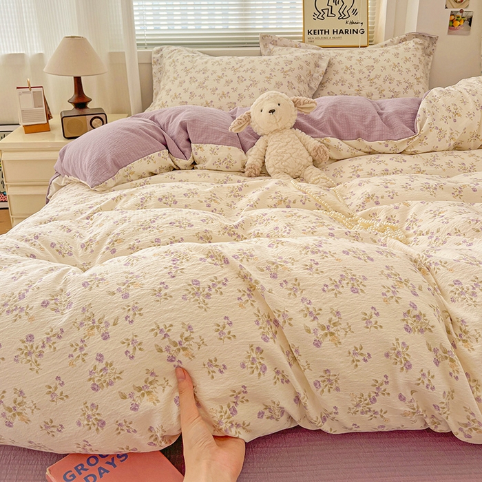 91家纺网 家纺一手货源 找家纺 梦纤绒 2025新款古法水洗棉小布袋四件套，高克重木棉云柔棉 花间赋