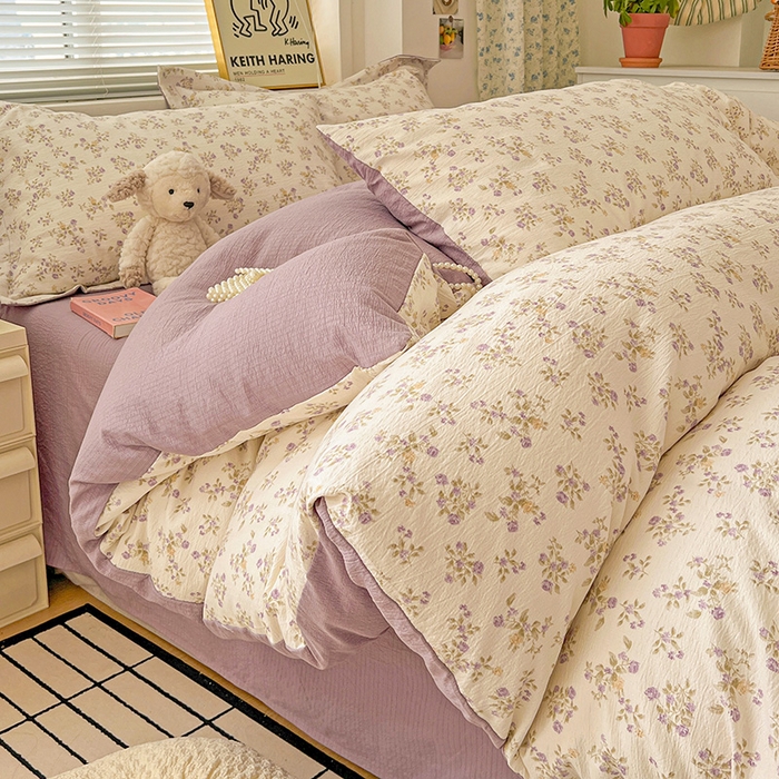 91家纺网 家纺一手货源 找家纺 梦纤绒 2025新款古法水洗棉小布袋四件套，高克重木棉云柔棉 花间赋