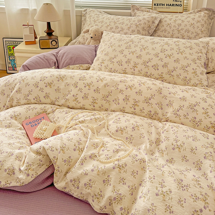 91家纺网 家纺一手货源 找家纺 梦纤绒 2025新款古法水洗棉小布袋四件套，高克重木棉云柔棉 花间赋