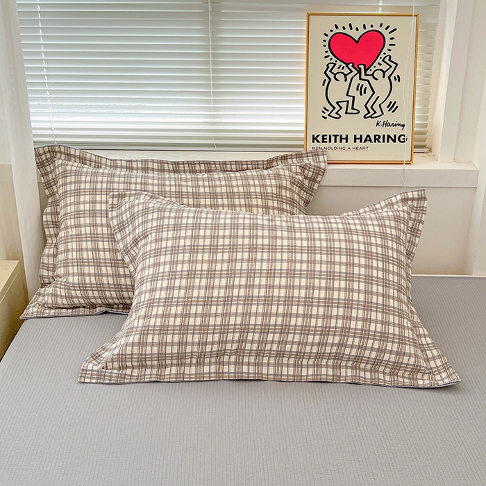 91家纺网 家纺一手货源 找家纺 梦纤绒 2025新款古法水洗棉小布袋四件套，高克重木棉云柔棉 灰咖小格