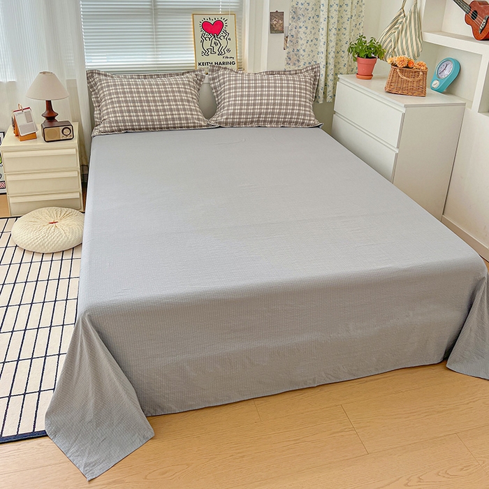 91家纺网 家纺一手货源 找家纺 梦纤绒 2025新款古法水洗棉小布袋四件套，高克重木棉云柔棉 灰咖小格